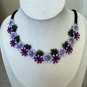Dainty Crochet Purple Flower Choker Necklace, Needle Lace Necklace, Floral